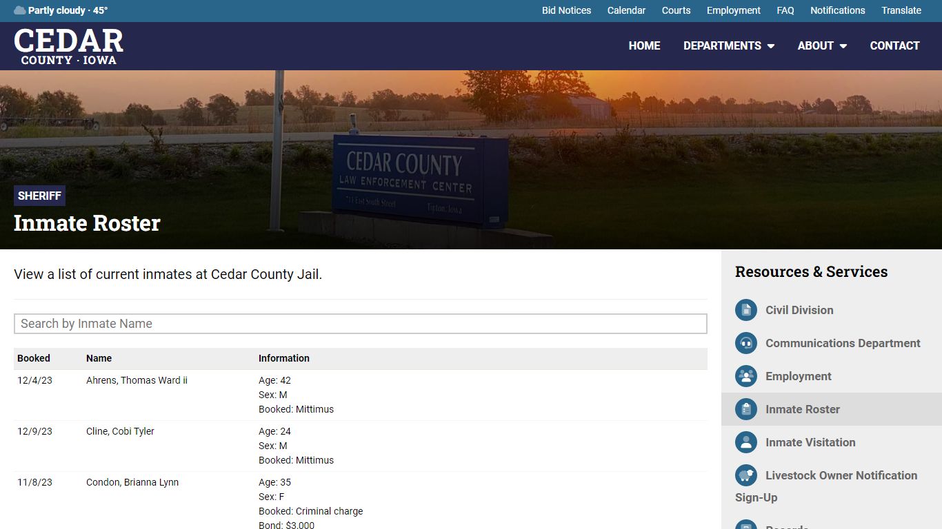 Inmate Roster - Sheriff's Office - Cedar County, Iowa